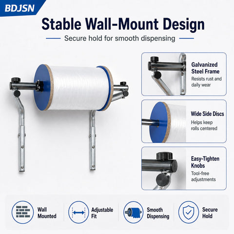 No Sweat Wall Mounted Foam Wrap Dispenser With Smooth Rolling Galvanized Steel Bubble Cushion Holder, wall-mounted design, adjustable fit.