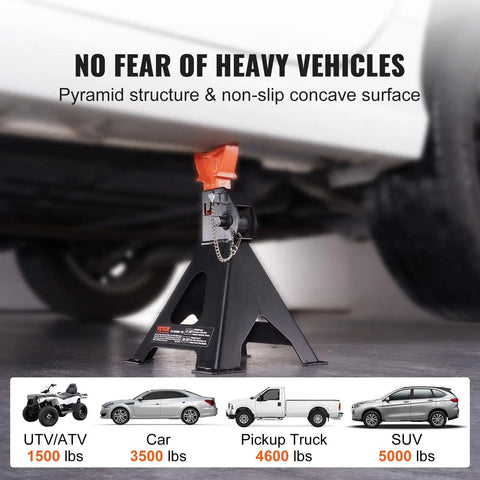 Beefy 3 Ton Car Jack Stands With Double Locking Adjustable Height From Ten Point Eight To Sixteen Point Three Inches Heavy Duty Lift For SUV Pickup Car And UTV ATV Red Finish Comes As A Pair supporting a car