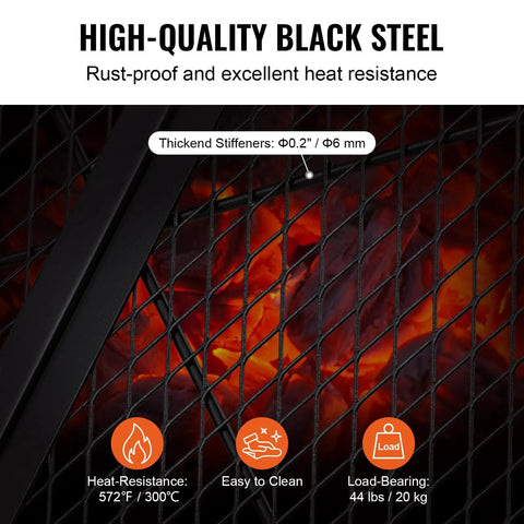 Thickness and high-quality black steel of 36 Inch Round Fire Pit Grate For Outdoor Grillin Foldable Heavy Duty Steel Campfire BBQ Grid.