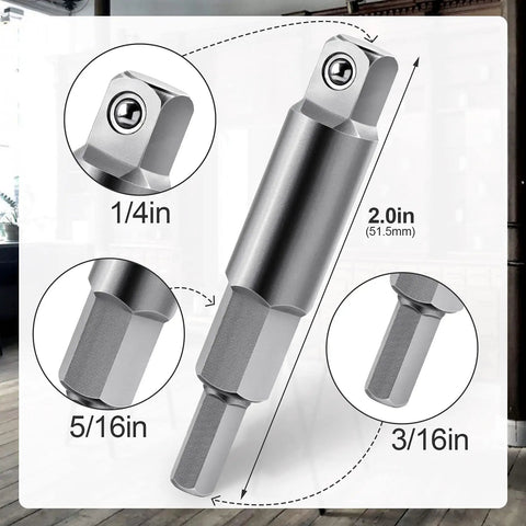 2 Pack 3 16th To 5 16th Hex Key Adapter Kit For Ratchet Wrenches, showing detailed dimensions and silver finish.
