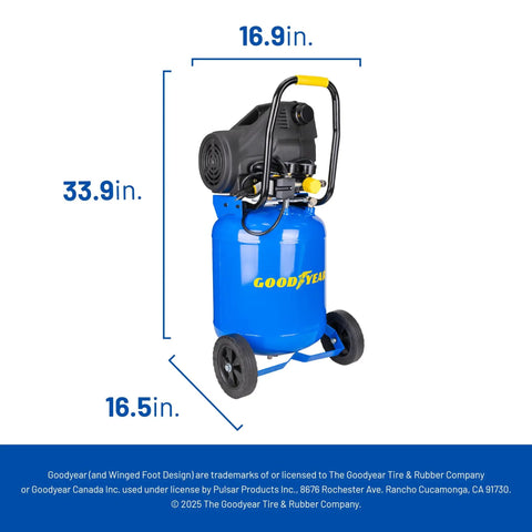 10 Gallon Oil Free Portable Vertical Electric Air Compressor providing no sweat 150 PSI maximum output with wheels and yellow handle.