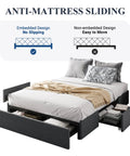 Full Size Platform Storage Bed Frame With Three Smooth Rolling Drawer Pulls Upholstered In Dark Grey Linen Fabric Over Heavy Duty Metal Supports Straight Up Slick Low Profile Setup For Small Rooms showing anti-mattress sliding feature.