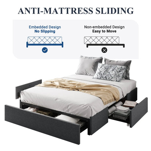 Full Size Platform Storage Bed Frame With Three Smooth Rolling Drawer Pulls Upholstered In Dark Grey Linen Fabric Over Heavy Duty Metal Supports Straight Up Slick Low Profile Setup For Small Rooms showing anti-mattress sliding feature.
