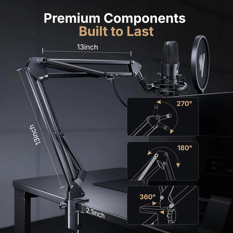 Adjustable stand of USB Condenser Microphone With Studio Headphones Set for Podcasting and Streaming, showing arm rotation angles.