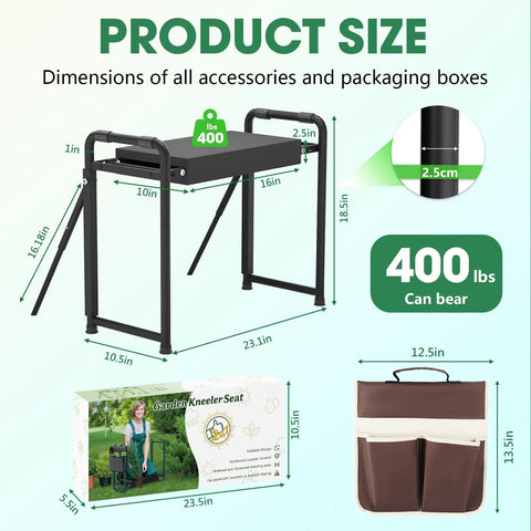 Dimensions of Heavy Duty Garden Kneeler And Seat With Dual Support Legs 400 Lb Capacity foldable stool and tool bag shown