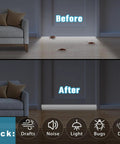 Image showing before and after using Slick Under Door Draft Stopper White Weather Seal blocking drafts and pests.