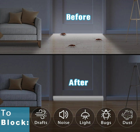 Image showing before and after using Slick Under Door Draft Stopper White Weather Seal blocking drafts and pests.
