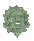 Heavy Duty Cast Iron Celtic Green Man Wall Plaque Sporting A Dead Cool Antiqued Verdigris Finish Standing Ten Inches Tall, detailed face.