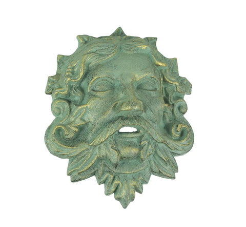 Heavy Duty Cast Iron Celtic Green Man Wall Plaque Sporting A Dead Cool Antiqued Verdigris Finish Standing Ten Inches Tall, detailed face.