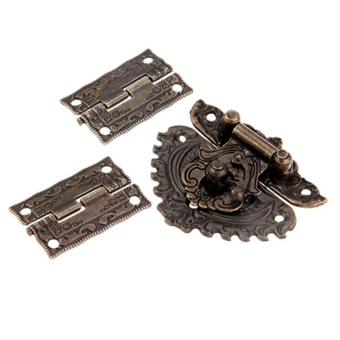 Antique Zinc Alloy Hasp Lock Set With Two Vintage Cabinet Hinges And Screws For Wood Boxes Jewelry Boxes Gift Boxes Suitcases Cabinets Retro Box Hardware Durable Old School Vibe