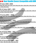 BMW door handle cover compatibility chart for BMW 3 Series E90, E91, E92, E93 models 2006 to 2011, showing snap-on installation.