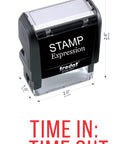 Heavy Duty Time In Time Out Self Inking Rubber Stamp With Bright Red Ink For Zero Hustle Office Attendance Paperwork And Solid Daily Employee Check In Supplies That Simply Get The Job Done, showing size and design.