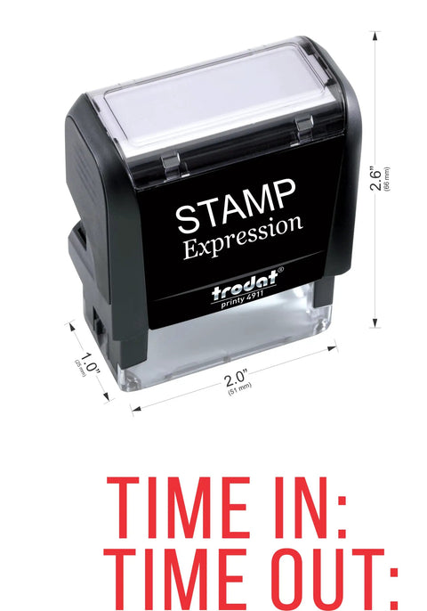 Heavy Duty Time In Time Out Self Inking Rubber Stamp With Bright Red Ink For Zero Hustle Office Attendance Paperwork And Solid Daily Employee Check In Supplies That Simply Get The Job Done, showing size and design.