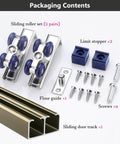 Double Track Barn Door Hardware Kit For Living Room Sliding Doors, Top Mount Rail Frame With 4 Wheel Set, Champagne Finish components