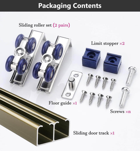 Double Track Barn Door Hardware Kit For Living Room Sliding Doors, Top Mount Rail Frame With 4 Wheel Set, Champagne Finish components