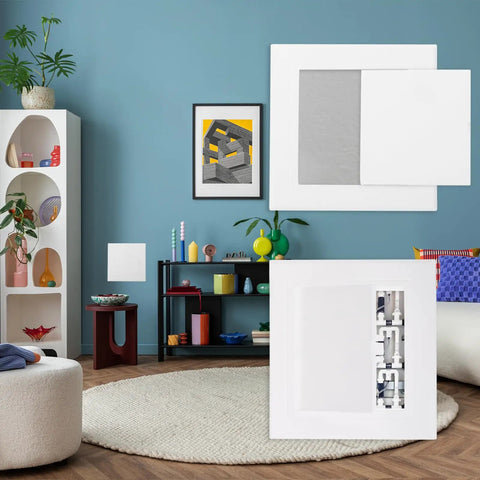 White 12X10 Inch Removable Hinged Access Panel For Drywall Plumbing And Electrical Wiring Featuring No Sweat Setup, displayed in a stylish room.