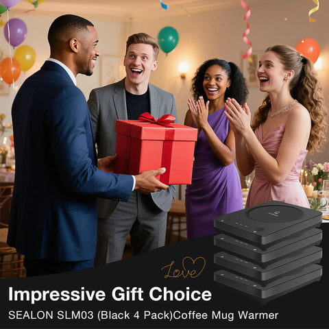 Keep Your Coffee Tea And Cocoa Toasty With This Slick Black Four Pack Electric Cup Heater Boasting Three Custom Heat Levels And A Universal Mug Fit That Slides Right Into Every Office Or Home, shown as a gift.