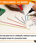 Hands testing wires from 840 Piece Breadboard Jumper Wires Kit With 14 Precise Lengths From 2 To 125 Millimeters Pre Stripped Right Angled