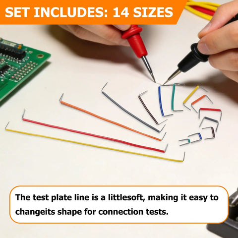 Hands testing wires from 840 Piece Breadboard Jumper Wires Kit With 14 Precise Lengths From 2 To 125 Millimeters Pre Stripped Right Angled