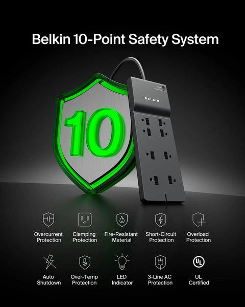 Belkin surge protector with 10-point safety system, black, features overcurrent, clamping, and fire-resistant protection in image.