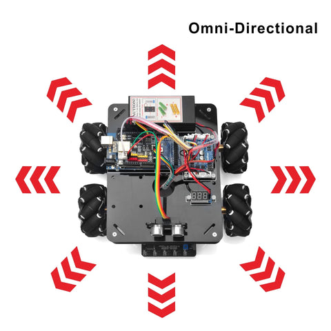 OSOYOO omni-directional mecanum robotic car kit on metal chassis with Arduino Mega2560 board and wiring (front view)