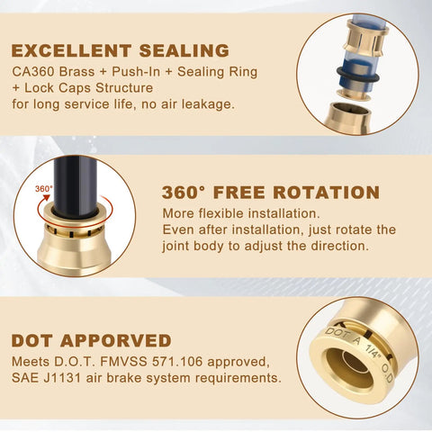 Brass 1/4 Inch 90 Degree Swivel Union Elbow Air Line Connector DOT Approved Five Pack For Pneumatic Tools Built Tough Pro Grade CA360 Brass Fittings, 250 PSI Max, Wide Temperature Range From Minus 40F To 160F, Corrosion Resistant, 360° swivel brass air line fitting