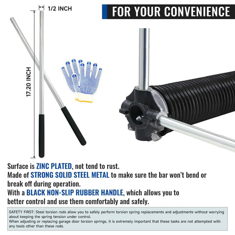 Pair Of 2 Inch Garage Door Torsion Springs Kit With Non Slip Winding Bars And Gloves For Replacement Oil Free Black Coated High Precision 16,000 Cycles Includes Winding Bars Gloves And Installation Instructions 0 218 X 2 X 22 Inches showing winding bars and gloves.