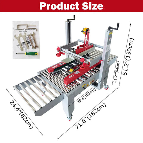 Fast As Heck Automatic Tape Sealer For Boxes Continuous Carton Packing Machine with dimensions and tools for setup.