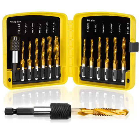 3-In-1 Drill And Tap Set With HSS Titanium Coated Bits, Quick-Change Adapter, 13-Piece Kit in open yellow case