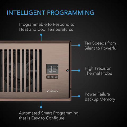 AIRTAP T6 Whisper Quiet Register Booster Fan With Thermostat And 10 Speed Control features and programming display