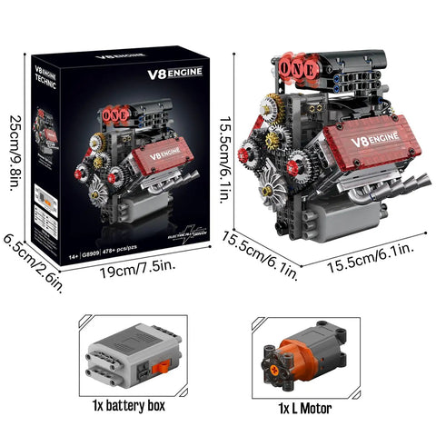V8 Engine Model Kit That Actually Runs With An L Motor And Battery Box 478 Plus Pieces Visible 8 Cylinder Engine Building Blocks For Adults Hands On STEM Project Realistic Automotive Decor And Engineering Toy, box and parts