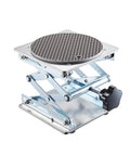 Heavy Duty 6X6 Inch Lab Scissor Jack Stand Adjustable Height 65-260mm Stainless Steel Platform with non-slip surface.