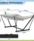 Two Person Hammock With Adjustable Steel Stand And Pillow For Easy Outdoor Lounging, Heavy Duty Portable Set, Handles Up To 450 Lbs, Perfect For Patio Garden Beach Backyard Camping And Chill Sessions shown with dimensions.