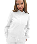 Womens Zip Front Medical Scrub Jacket Crisp White Nurse Uniform Top Straight Up Professional Healthcare Workwear With Slick Closure And All Day Comfy Support For Clinical Rounds In Large, model wearing the jacket.