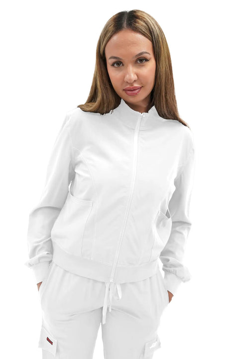 Womens Zip Front Medical Scrub Jacket Crisp White Nurse Uniform Top Straight Up Professional Healthcare Workwear With Slick Closure And All Day Comfy Support For Clinical Rounds In Large, model wearing the jacket.