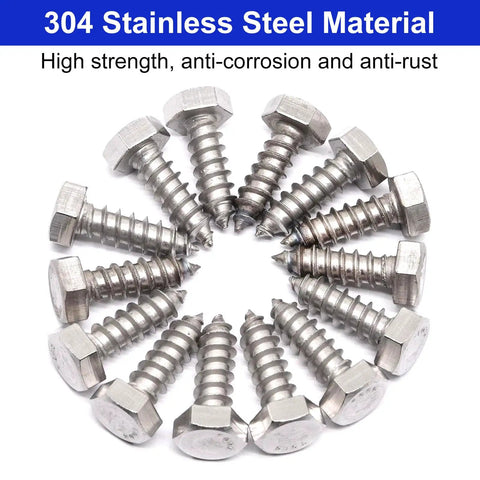 Heavy Duty Five Sixteenth Inch By One Inch Hex Lag Screws 304 Stainless Steel Wood Bolts External Hex Drive Pack Of Twenty For Decks Fences Outdoor Projects Rust Resistant arranged in circle
