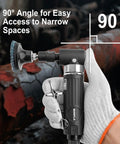 Gunpla 1/4 in angled air die grinder with 90° head and black handle, 2-inch roll-lock sanding disc, held by gloved hand