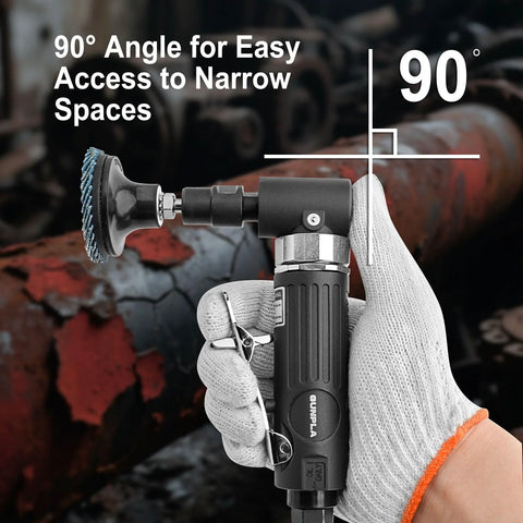 Gunpla 1/4 in angled air die grinder with 90° head and black handle, 2-inch roll-lock sanding disc, held by gloved hand