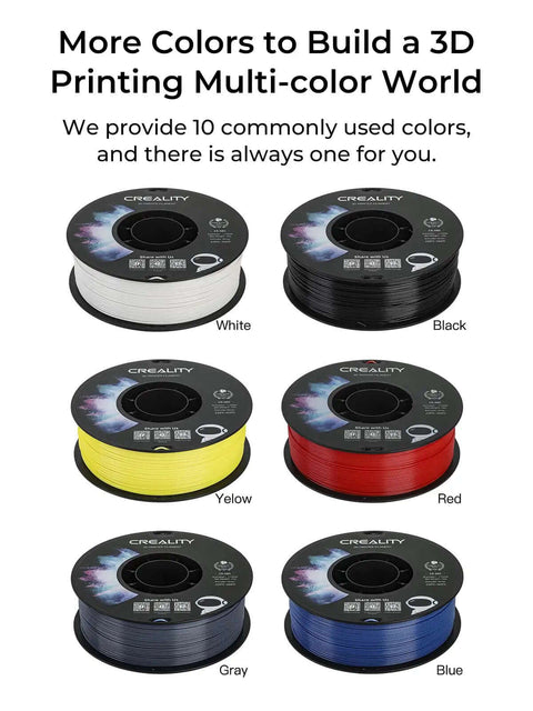 Various colors of 3D printing filament spools, including white, black, yellow, red, gray, and blue.