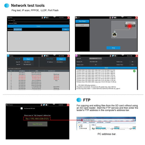 WANLUTECH OTDR fiber tester software interface showing network test tools screens (IP scan, ping, FTP).