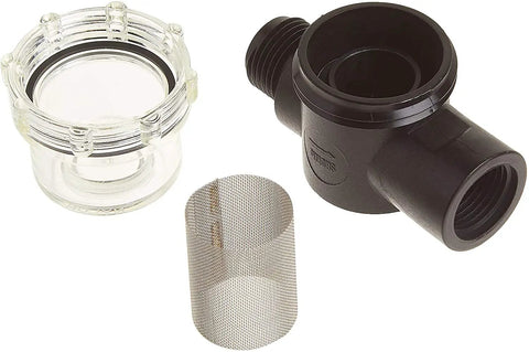 Inline Strainer 255-213 Half Inch MNPT To FNPT For 2088 Series Pumps showing parts including black body, clear bowl, and metal mesh