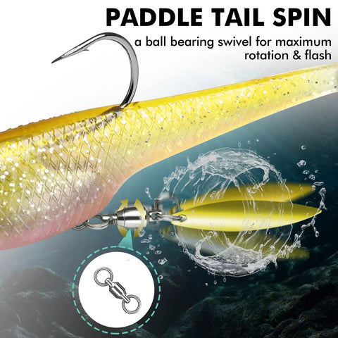 Shadtale Soft Fishing Lure with BKK Hooks, close-up of the vibrating paddle tail and ball bearing swivel detail underwater.