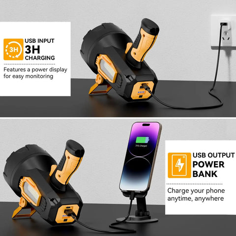 Rechargeable 2,000,000 Lumen Spotlight Flashlight With COB Light, charging via USB; phone charging with power bank feature