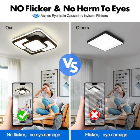 Comparison of 62W Dimmable LED Flush Mount Ceiling Light With Remote Control Three Color Temperature 3000K 6500K Adjustable Brightness with traditional light in living room.