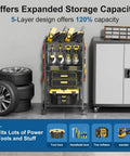 Five Tier Power Tool Organizer Cart With Wheels 300 Lb Capacity Heavy Duty Rolling Tool Rack And Storage Solution For Garage and Workshop