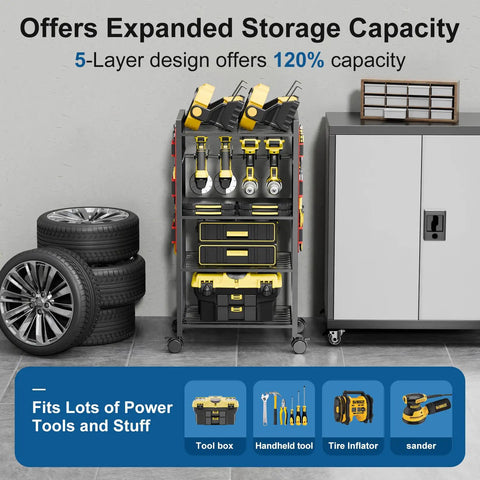 Five Tier Power Tool Organizer Cart With Wheels 300 Lb Capacity Heavy Duty Rolling Tool Rack And Storage Solution For Garage and Workshop