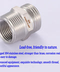 Front view: Stainless steel garden hose adapter with 3/4 in GHT and 3/4 in NPT ends, 304 SS.