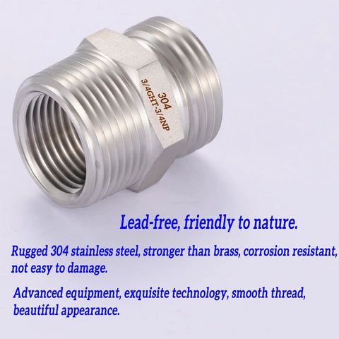 Front view: Stainless steel garden hose adapter with 3/4 in GHT and 3/4 in NPT ends, 304 SS.