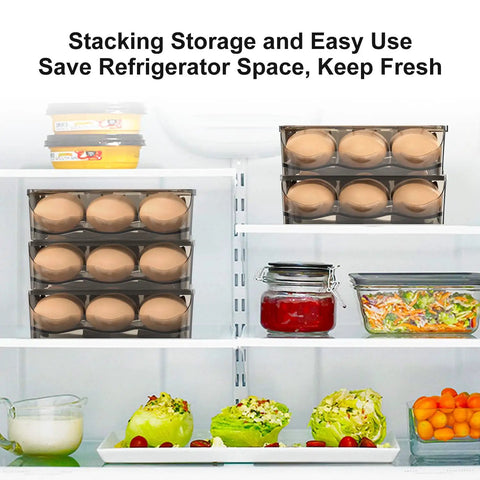 Egg Storage Container For Refrigerator That Holds 54 Eggs With Automatic Rolling Tray Durable Polypropylene Material Transparent Lid And Wide Application For No Fuss Access And Kitchen Organization in fridge.