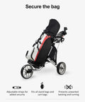 Ez V8 3-Wheel Golf Push Cart With Patented One-Click Fold, lightweight, durable, blue, with golf bag secured and all terrain EVA wheels